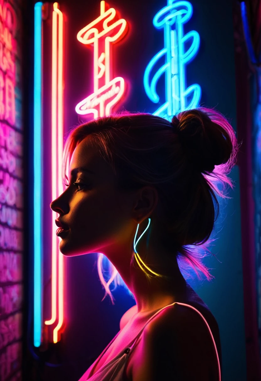 Side face silhouette,Shadow of beautiful woman under neon sign,Huge neon signboard,(Neon sign with text:1.5)