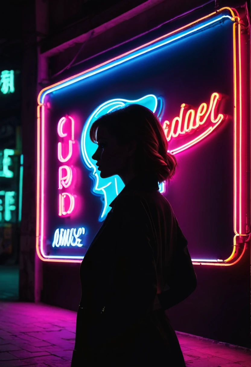 Side face silhouette，Shadow of beautiful woman under neon sign,Huge neon signboard，(Neon sign with text:1.5)
