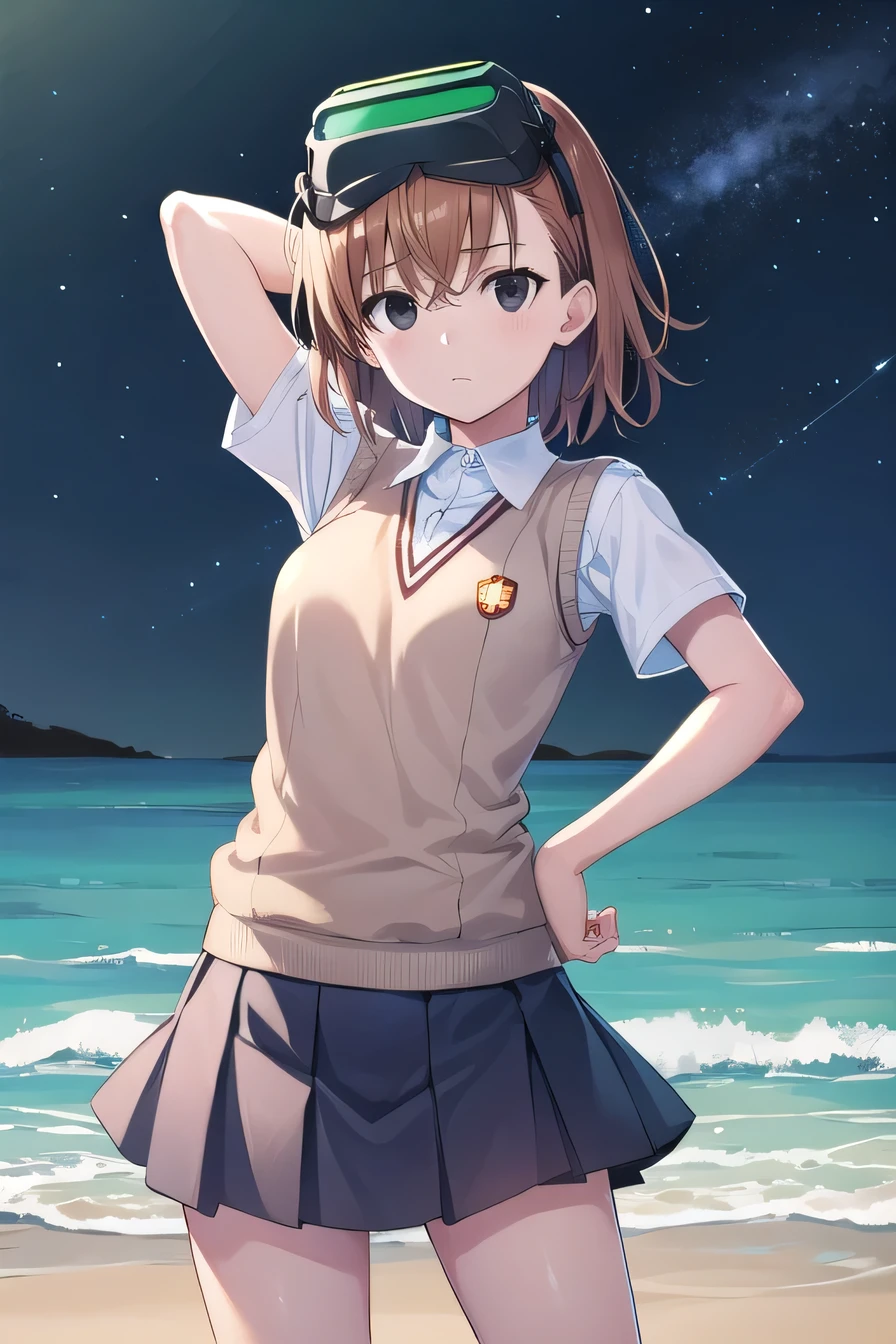 misaka imouto, short hair, brown hair, black eyes, empty eyes, goggles, goggles on head, head-mounted display, sweater vest, shirt, skirt, white shirt, pleated skirt, v-neck, short sleeves, tokiwadai, solo, night sky, beach, arm behind head, hand on hip, contrapposto, spread armpits, closed mouth, (cowboy shot:1.5), looking at viewer,