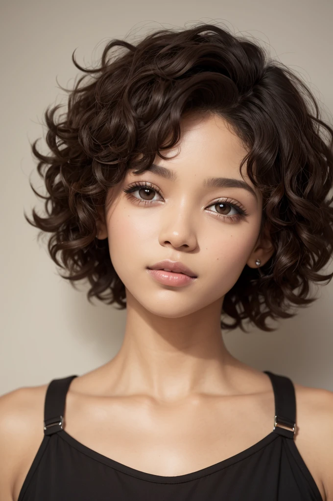  short curly hair brown skin slanted eyes
