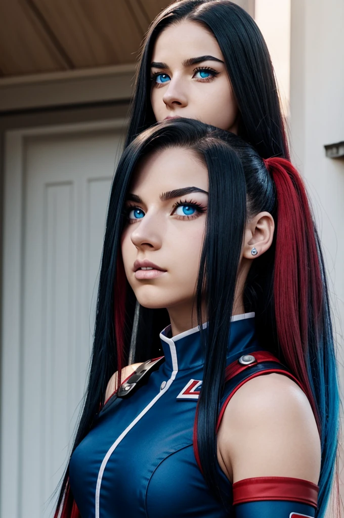 Screenshot of my hero academia.
Long straight hair female gender with 3 colors: red black and blue. He has one white eye and one blue eye. White skin with nose piercings, lips and eyebrow. He wears a My Hero Academia uniform.