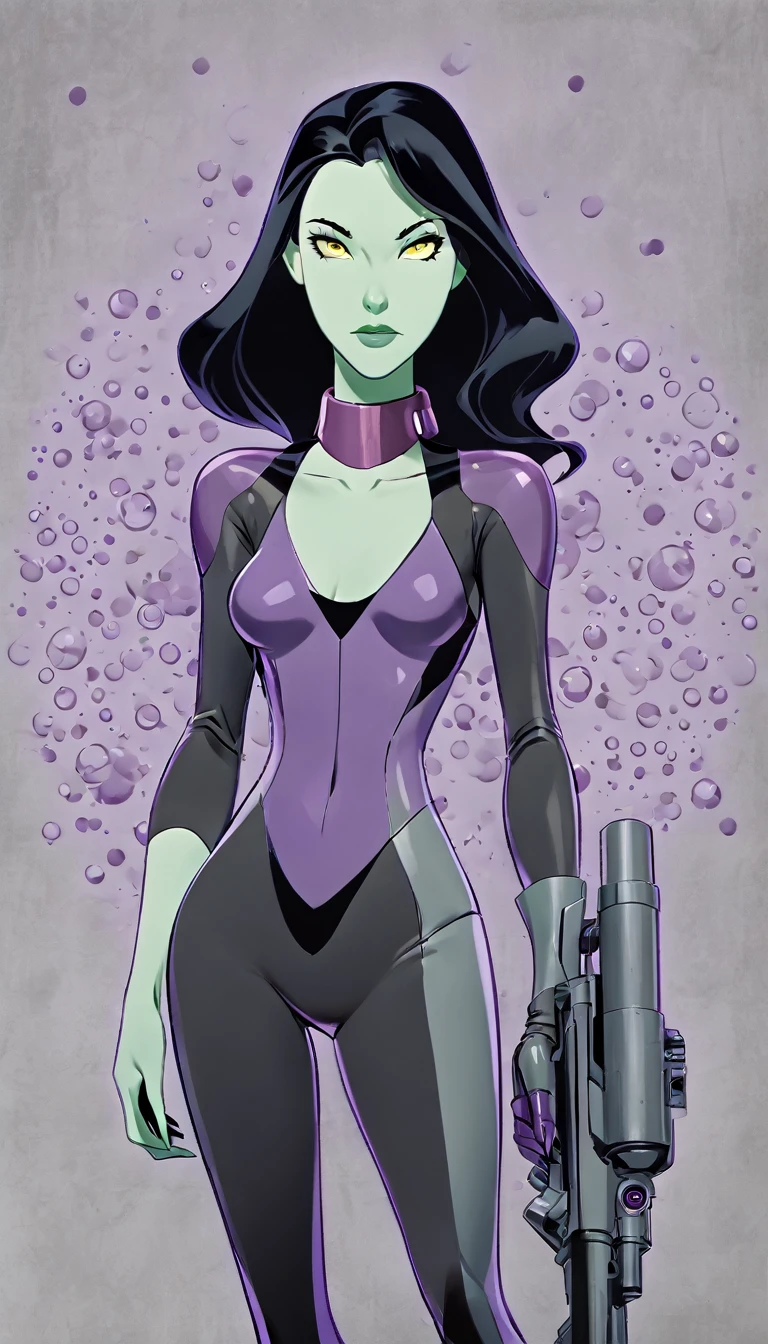 cartoon thin woman, long neck, long black hair, pale green skin, wearing a v-neck collar purple sci-fi body suit .. she is armed with an arm cannon, on her suit by her waist are some small gray circles