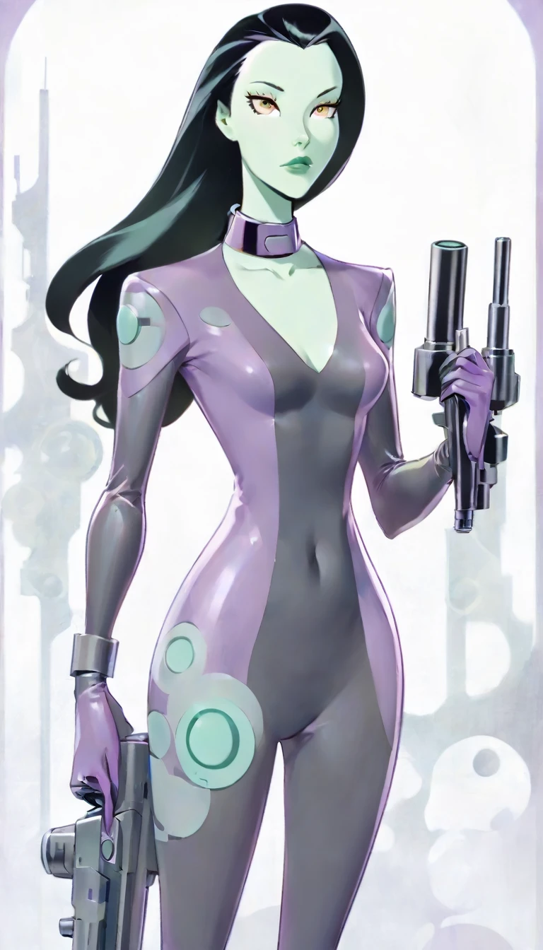 cartoon thin woman, long neck, long black hair, pale green skin, wearing a v-neck collar purple sci-fi body suit .. she is armed with an arm cannon, on her suit by her waist are some small gray circles 