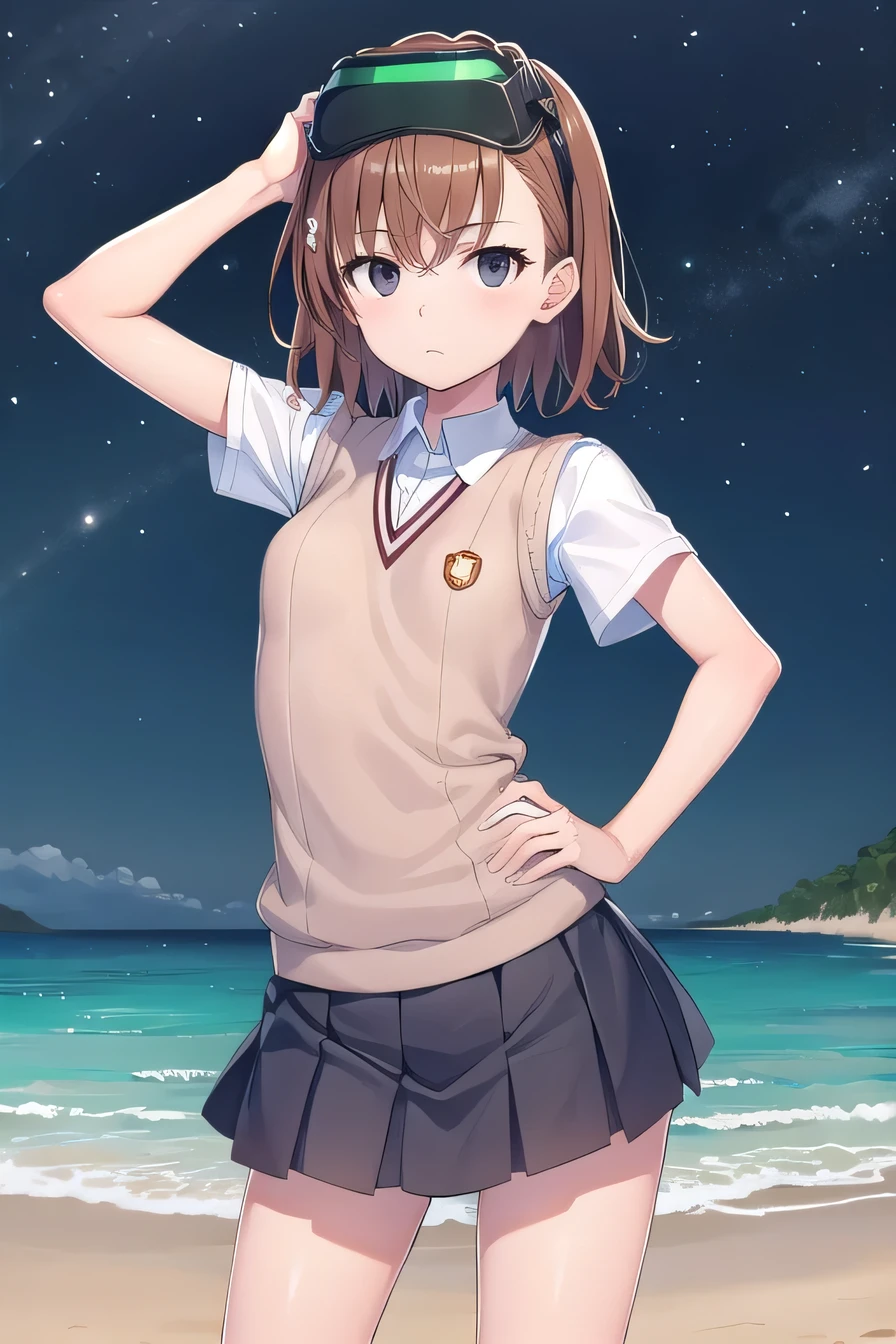 misaka imouto, short hair, brown hair, black eyes, empty eyes, goggles, goggles on head, head-mounted display, sweater vest, shirt, skirt, white shirt, pleated skirt, v-neck, short sleeves, tokiwadai, solo, night sky, beach, arm behind head, hand on hip, contrapposto, spread armpits, closed mouth, (cowboy shot:1.5), looking at viewer,