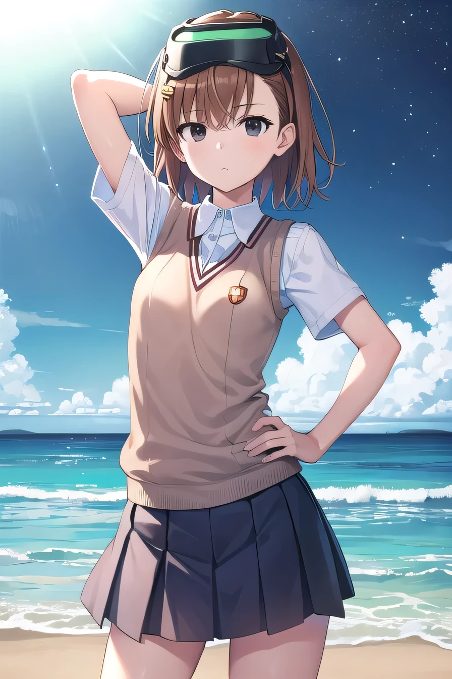 misaka imouto, short hair, brown hair, black eyes, empty eyes, goggles, goggles on head, head-mounted display, sweater vest, shirt, skirt, white shirt, pleated skirt, v-neck, short sleeves, tokiwadai, solo, night sky, beach, arm behind head, hand on hip, contrapposto, spread armpits, closed mouth, (cowboy shot:1.5), looking at viewer,