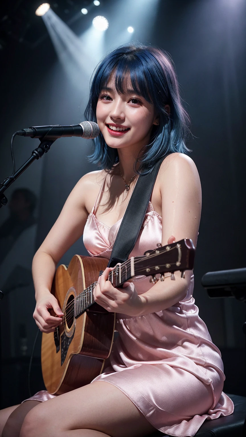 ((best quality)), photorealistic, photorealism, Photorealistic, high resolution, ((Wearing pink satin dress))、smile、A superb beauty、Super cute、ennui、Rare beauty、Very Short hair、Black Dark Eyeshadow、Sad、white skin、pale skin, Very short hair layered、Dark Gothic Makeup、Cute Smile、Fragrant beauty、Stained glass background、Mastepiece、Best Quality、Refers to 5 books、Sweat glistening on my chest、Sweat glistening on my face、Medium breasts、Blue hair、Age 20 years old、Mysterious look、A sad expression、Blue Hair、Glamorous concert stage、enchanting castle、Sweating profusely all over the body、A lot of sweat and light on the thighs、Shiny thighs、Plenty of sweat glistening on the thighs、A large amount of sweat glistens on my thighs、Sweating profusely、Gal、Medium breasts、Beautiful face、Alluring expression、Sitting、Sitting playing guitar、Thick thighs、Playing guitar、I have a guitar、Sing a song enthusiastically、Playing guitar in a band、Rock band、Playing guitar chords、Live House Background、Sing a song、Open your mouth、Live house scenery、Mic stand、Glamorous live stage、Dynamic Angle、Cinematic lighting