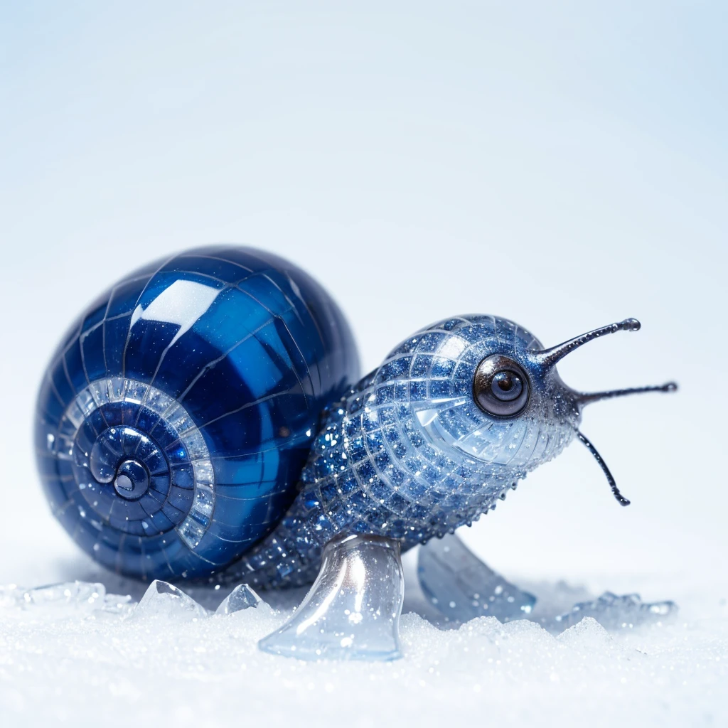 Small Animaly, generate Snail mixed with ice, (the skin is crystal), has blue stripes on his skin, white eyes, Grassroots, no background