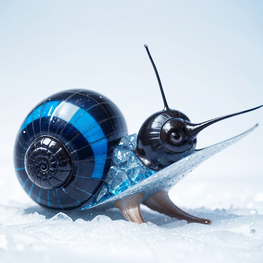 Small Animaly, generate Snail mixed with ice, (the skin is crystal), has blue stripes on his skin, white eyes, Grassroots, no background