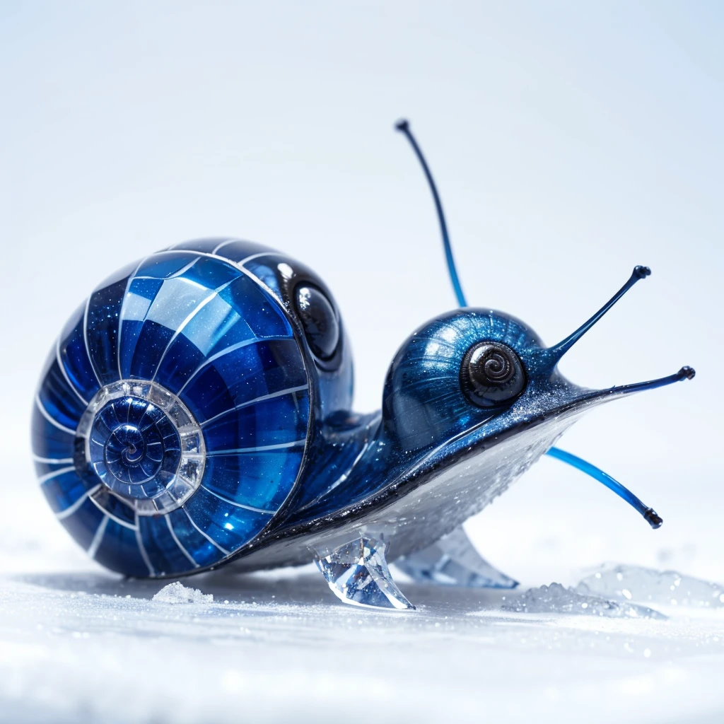 Small Animaly, generate Snail mixed with ice, (the skin is crystal), has blue stripes on his skin, white eyes, Grassroots, no background