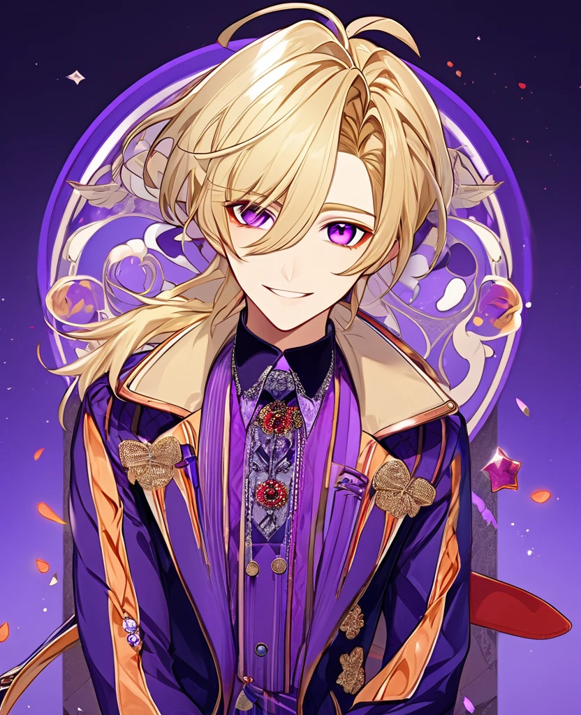  (Blonde_hair), (purple_mixed_with_red_vibrant_eyes), (detailed_eyes), (warm_smile), (attractive), (background_lounge), (male), (detailed_Hair), (detailed), wears a 19's type of fashion clothes,