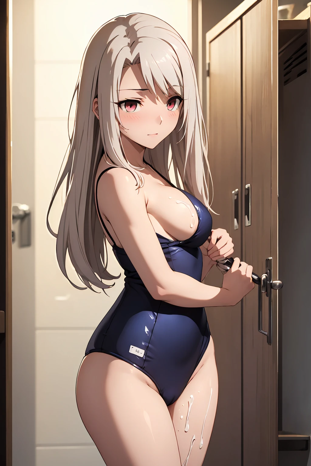 NSFW , (Highest quality:1.5, High resolution, 4K, Detailed lighting, Shaders), Illyasviel von Einzbern alone, Cowboy Shot,Long Hair, Gray Hair, Red eyes, ((Swimsuit))++ M-shaped foot Sexy Looks Seductive gestures atmosphere Super blushing Realistic locker room Sleep on your side, nude, Sweat, Shiny skin, Heavy breathing, ( Sex, Sexual intercourse, put in, Heterosexual, Moving lines, Motion Blur, Talking Spirit:1.1), (level, On my back, bed,Subjective:1.1)(( On the body / Bukkake with excess semen splashing))