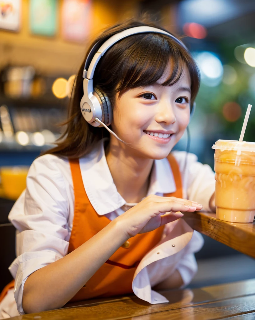 Looking straight ahead and smiling, Ultra HD、128k、Masterpiece、Cute little kindergarten girl studying in a coffee shop while listening to music on headphones、orange juice, clavicle, RAW Photo、A big-eyed girl in a sea-colored dress with a white collar、Hands on headphones, Warm lighting、Beautiful night view、Japanese anime style, Smile