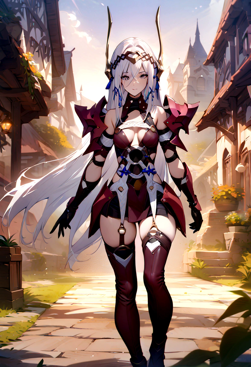 Victoria Brightshield standing in a fantasy town. (masterpiece, best quality:1.2), 1girl, solo