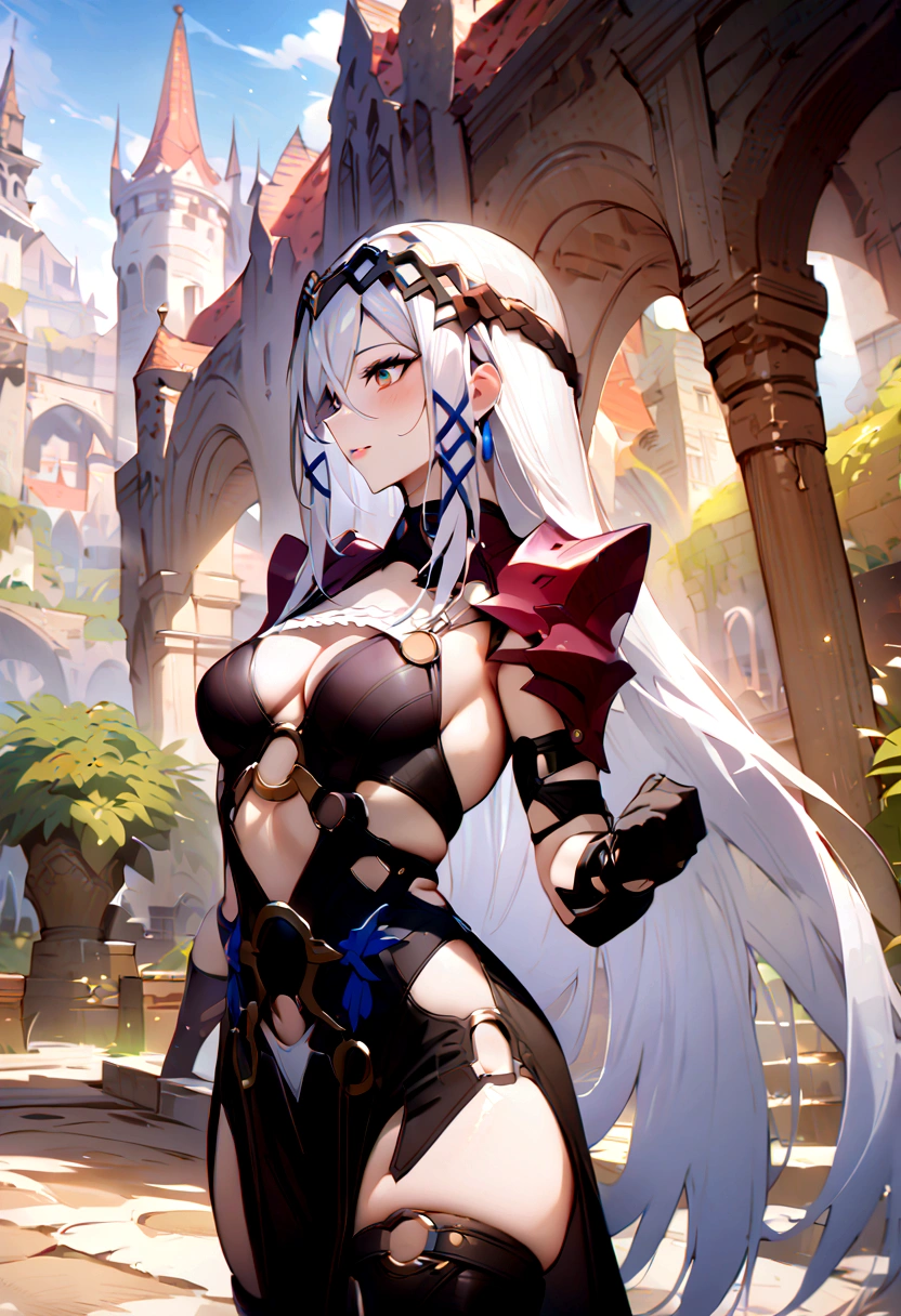Victoria Brightshield standing in a fantasy town. (masterpiece, best quality:1.2), 1girl, solo