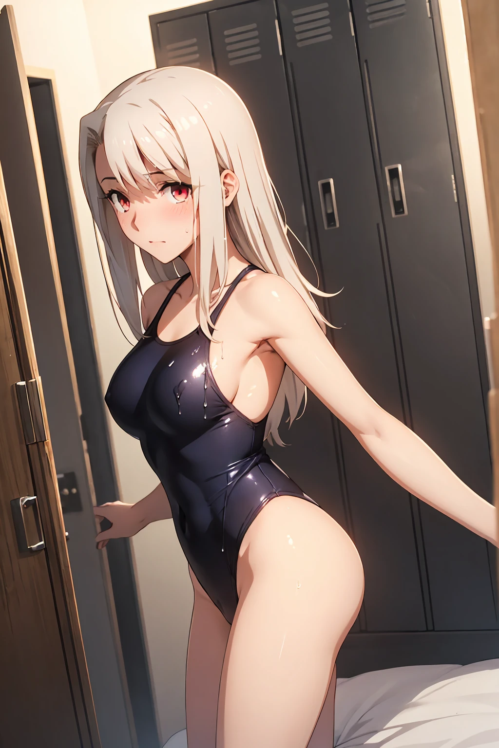 NSFW , (Highest quality:1.5, High resolution, 4K, Detailed lighting, Shaders), Illyasviel von Einzbern alone, Cowboy Shot,Long Hair, Gray Hair, Red eyes, ((Swimsuit))++ M-shaped foot Sexy Looks Seductive gestures atmosphere Super blushing Realistic locker room Sleep on your side, nude, Sweat, Shiny skin, Heavy breathing, ( Sex, Sexual intercourse, put in, Heterosexual, Moving lines, Motion Blur, Talking Spirit:1.1), (level, On my back, bed,Subjective:1.1)(( On the body / Bukkake with excess semen splashing))