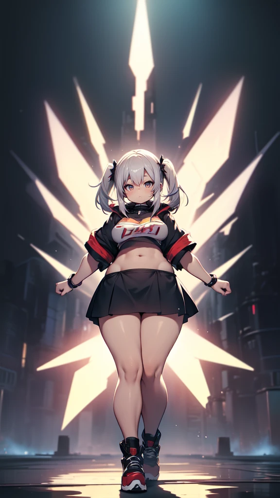 blank background, (((full body))), (masterpiece), ((best quality)), (very short girl), flat chest, short twintail, (wide hips:1.4), (thick thighs:1.4), (very short skirt), toeless footwear