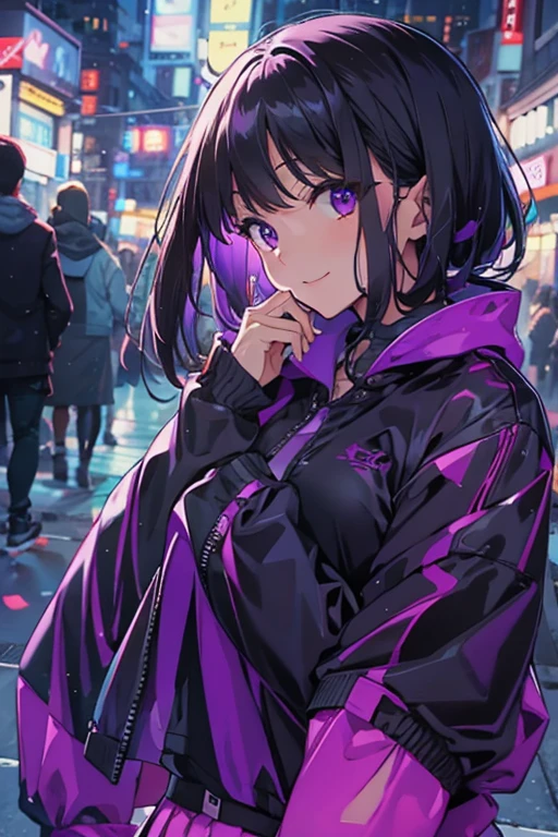 ((masterpiece, Highest quality)), (One Woman), (alone), (Focus on women), (Black Hair), (Medium Hair), (Purple Windbreaker),(Black Skirt), (mature), (23 years old), (look straight at me),(pantyhose), (nice), (Shinjuku at night), Smiling faintly, Please lower your eyebrows