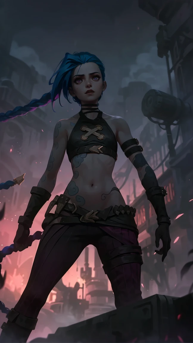 very sexy, crazy look, длинные синие hair заплетены в косы, full length (full body 1.1.), tight leather pants, Jinx's character design, stands on the edge of the roof, fantasy city, night, explosions, fire, Sparks, Purple Flashes, beautiful figure, Arcane Curse, Bright blue and purple Sparks all around, burning eyes, Pink Shiny eyes, длинные hair, hair, braided in long braids, Pigtails hang below the knee, Hair color changes from bright blue to navy blue., leather boots on the feet, Top with four gold circles on the chest in the middle of the chest., Blue cloud tattoo on shoulders and waist., long bangs, hanging on the right side, чрезвычайно подробные обои CG Unity 8k, detailed light, Cinematic lighting, Chromatic aberration, sparkling, inexpressive, epic composition, dark in the background, Chereter Design, very detailed, detailed body, Vibrating, detailed face, sharp focus, anime art, Vibrating, detailed face, Hugh Details, sharp focus, Detailed eye, Super lovely illustration, best shadow, finely detail, beautiful detailed glow, beautiful detailed, extremely detailed, inexpressive, epic composition,