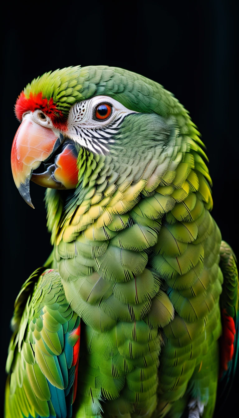 a close up photo of a green parrot with red beak, in the style of chiaroscuro portraitures, group f/64, wimmelbilder  --ar 50:33 --v 5