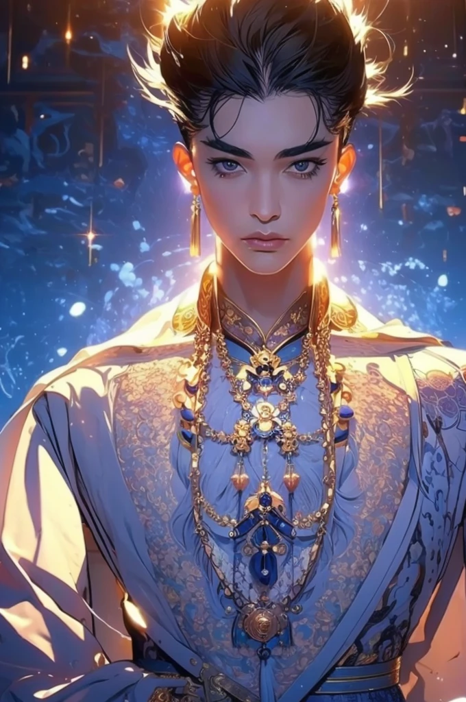 a man in a white robe, young and handsome man, ponytail, waist-length hair, ancient Chinese clothing, qi, a huge saber, ancient Chinese buildings in the background, night, powerful character, purple rays, a beautiful landscape. Detailed face, thick eyebrows, black eyes, 8k, robe embroidered with gold edges, detailed clothing, xianxia, world of cultivation. ((upper body))