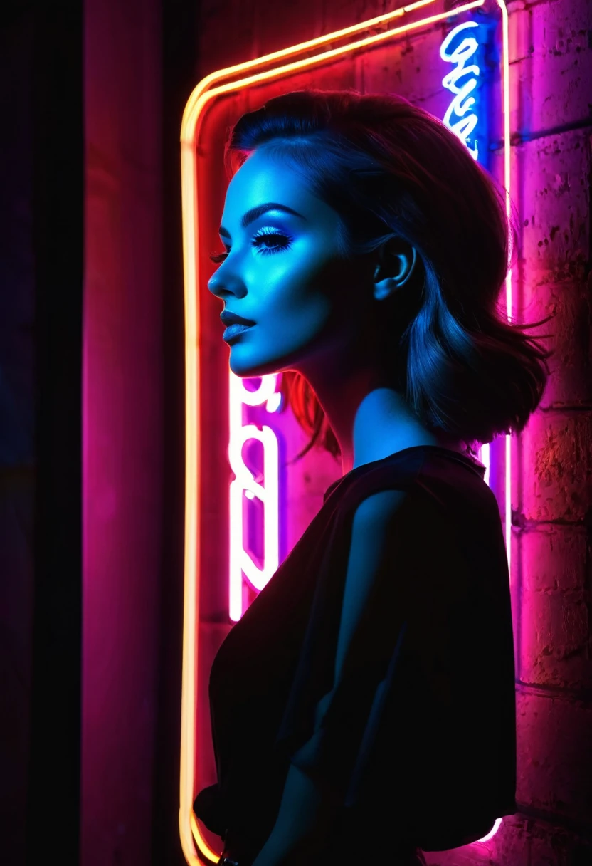 Side face silhouette，Shadow of beautiful woman under neon sign,Huge neon signboard，(Neon sign with text:1.5)

