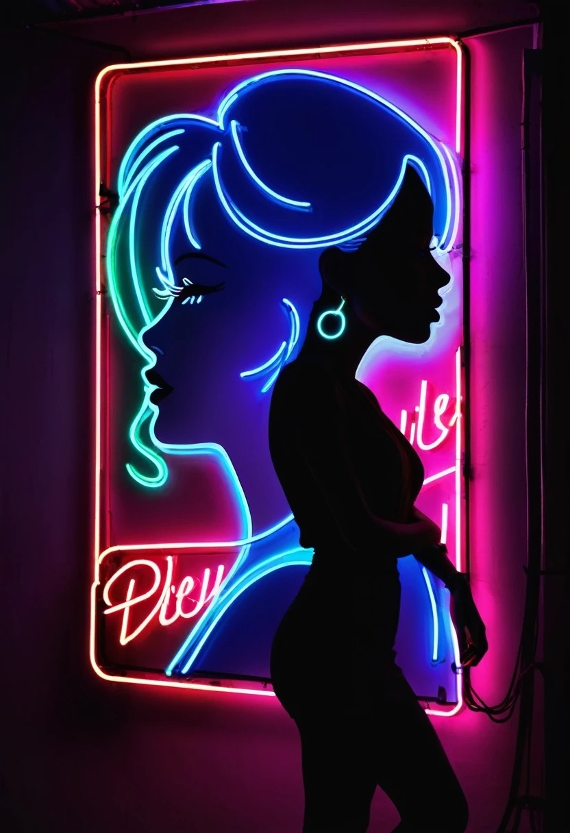 Side face silhouette,Shadow of beautiful woman under neon sign,Huge neon signboard,(Neon sign with text:1.5)