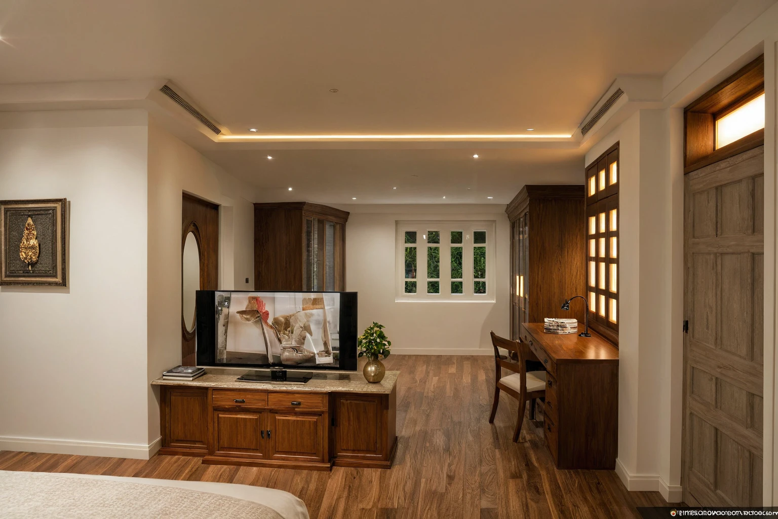 Raw photo,Masterpiece, high quality, best quality, authentic, super detail, interior, indoors, dinning room, kitchen room, style Indochine modern, minimalist line, aiaigroup , wooden, walnut veneer wood, led light, white paint wall, sofa, BED RooM