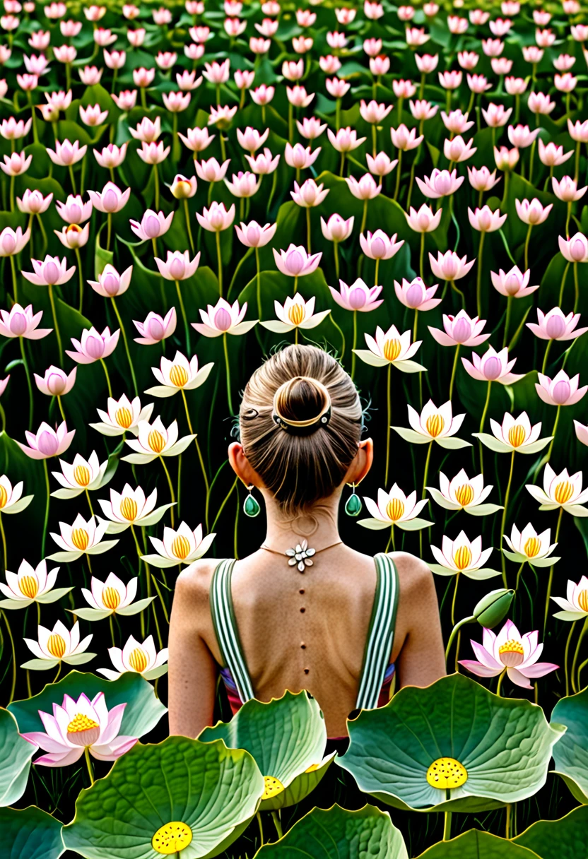 A person wearing a hearing aid, shaped like a lotus flower, standing in a field of lotus flowers that are all blooming, symbolizing growth and empowerment. This image primes feelings of positivity, resilience, and self-acceptance.