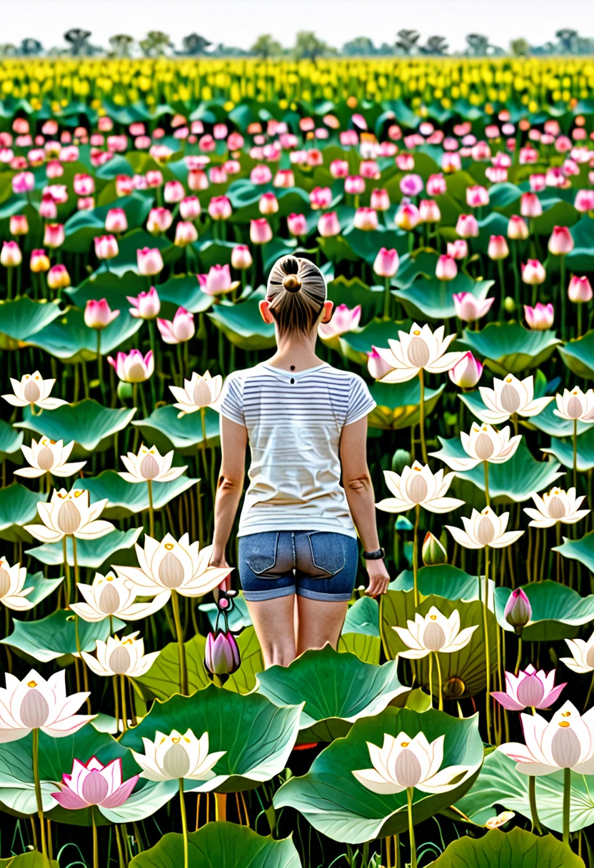 A person wearing a hearing aid, shaped like a lotus flower, standing in a field of lotus flowers that are all blooming, symbolizing growth and empowerment. This image primes feelings of positivity, resilience, and self-acceptance.