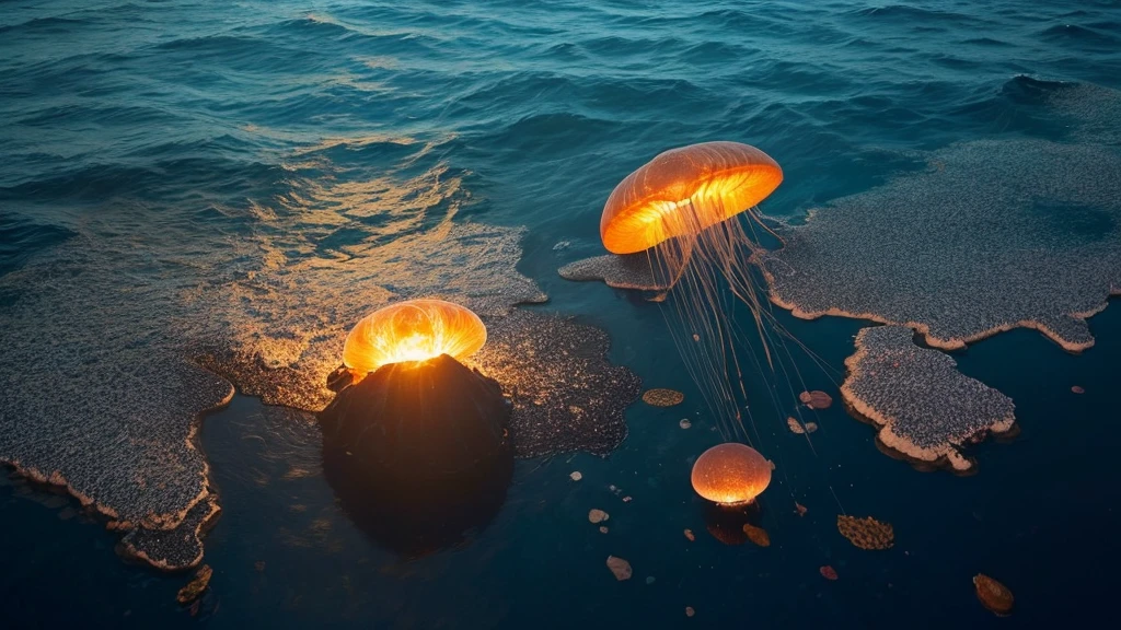 Draw the bottom of the Mariana Trench。In the dark and quiet depths of the ocean、It is home to unique and mysterious creatures and microorganisms.。Luminous deep-sea fish、A jellyfish with a transparent body、Oddly shaped shrimp and crabs、And there are swarms of microbes floating around.。周囲は暗い青のcolor調で、It creates an atmosphere of soft light.。Strange rocks and traces of deep-sea volcanoes can be seen on the ocean floor.、It makes you feel like you are part of an unknown world.。color々Please describe the creature.。