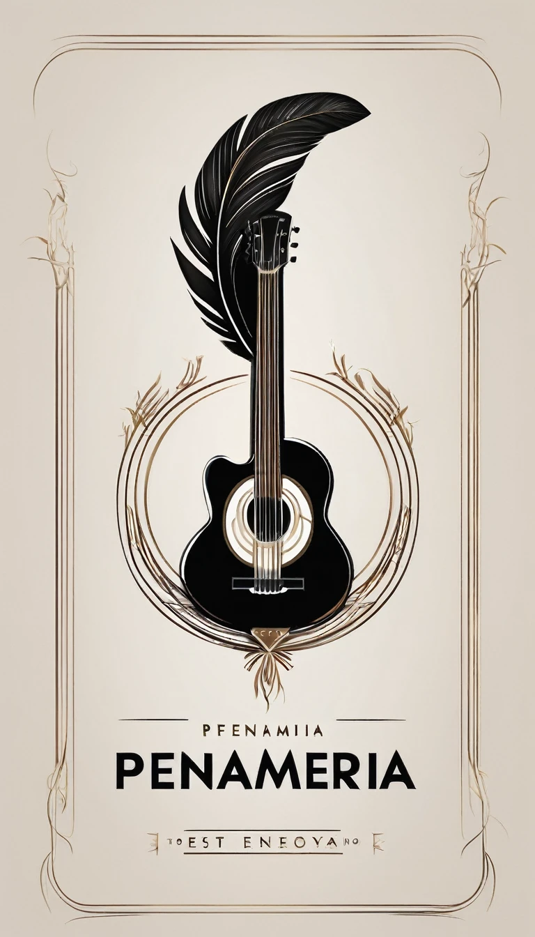 A minimal, modern, simple, cinematic logotype for the brand “Penamemoria". The logotype must be a simple, magical feather and a boy playing acoustic guitar. The logo must convey a sense of music, stories and dreams. Logo design impressed on a book cover. Minimalistic logo
