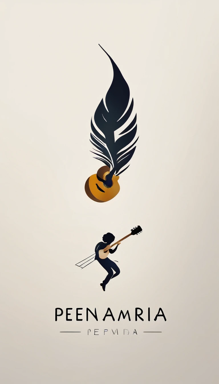A minimal, modern, simple, cinematic logotype for the brand “Penamemoria". The logotype must be a simple, magical feather and a boy playing acoustic guitar. The logo must convey a sense of music, stories and dreams. Logo design impressed on a book cover. Minimalistic logo