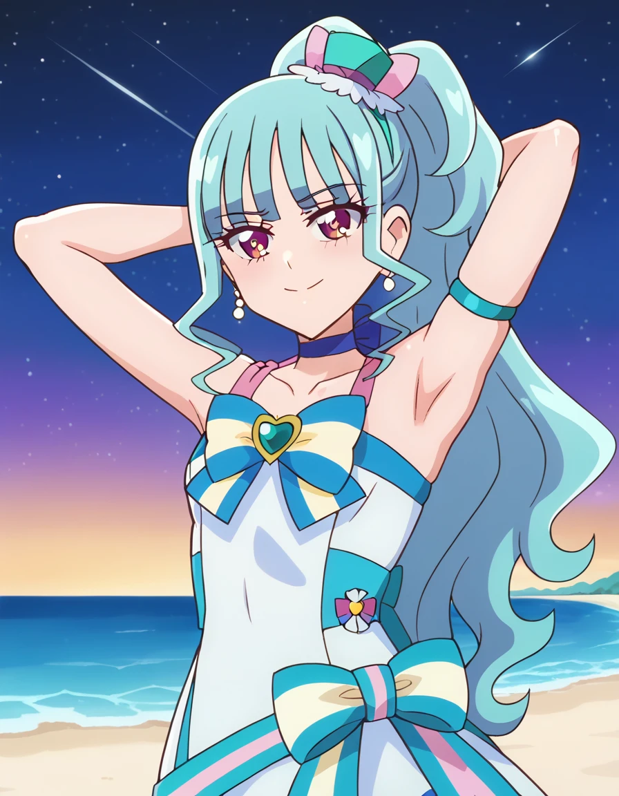 curemarine, shiny skin, high quality, solo, 1girl, night sky, beach, arms behind head, (contrapposto), closed mouth, spread armpits, (cowboy shot:1.5), looking at viewer, best quality, smile,