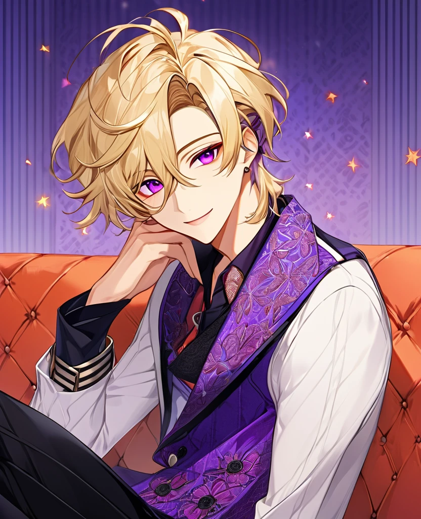 (Blonde_hair), (purple mix with red_vibrant_eyes), (detailed_eyes), (warm_smile), (attractive), (background_lounge), (male), (detailed_Hair), (detailed), wears a 19's type of fashion clothes,