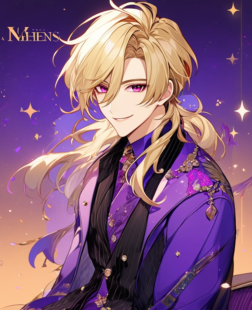  (Blonde_hair), (purple mix with red_vibrant_eyes), (detailed_eyes), (warm_smile), (attractive), (background_lounge), (male), (detailed_Hair), (detailed), wears a 19's type of fashion clothes,