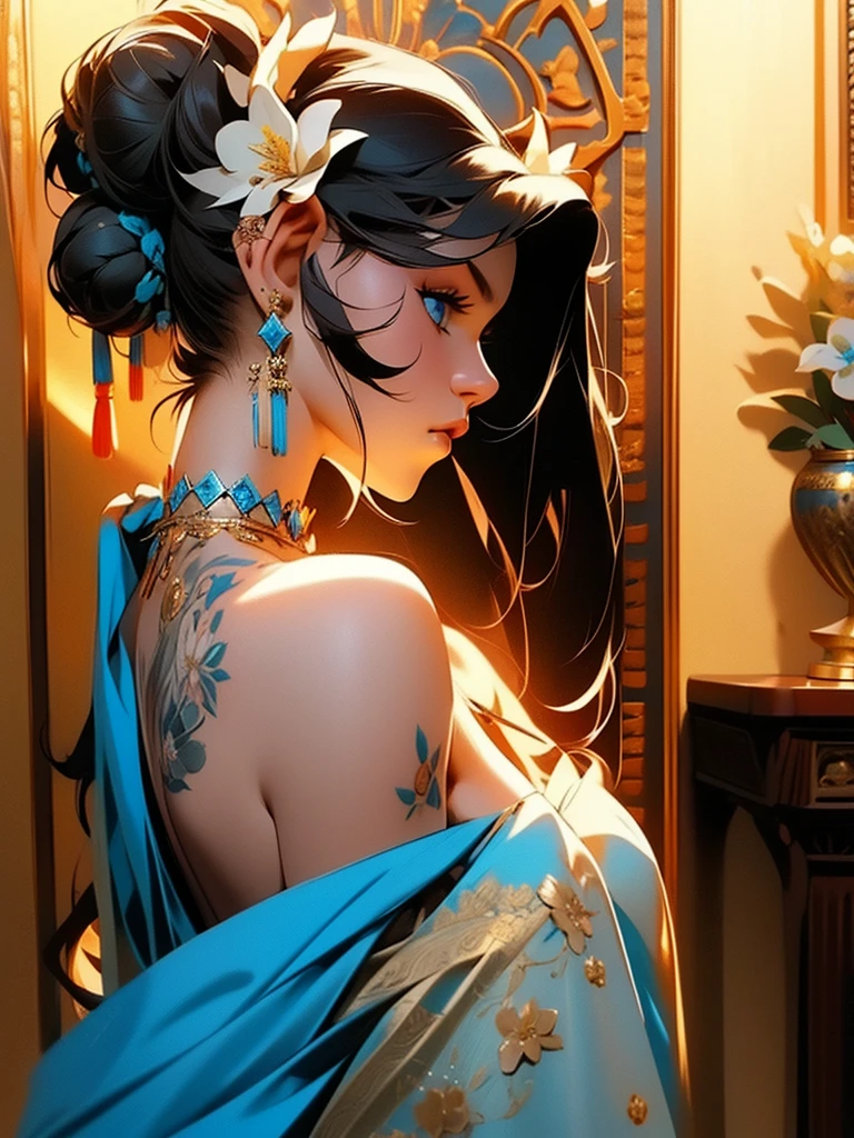 masterpiece best quality,1girl, solo, hair flowers, long hair, blue eyes, looking at viewer, medium breast, tattoo, black hair, tassel, bare shoulders, mecha, bangs, upper body, earrings, indoors, off shoulder, jewelry, eyelashes, lips, profile, hair bun, piercing, single hair bun, flowers,