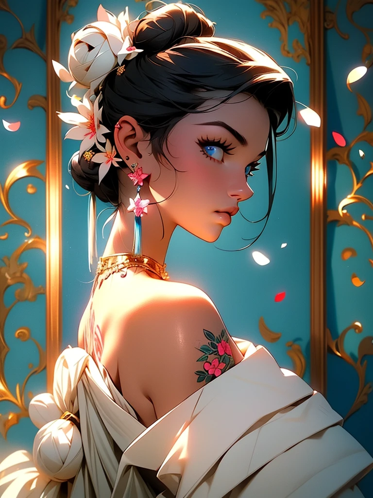 masterpiece best quality,1girl, solo, hair flowers, long hair, blue eyes, looking at viewer, medium breast, tattoo, black hair, tassel, bare shoulders, mecha, bangs, upper body, earrings, indoors, off shoulder, jewelry, eyelashes, lips, profile, hair bun, piercing, single hair bun, flowers,