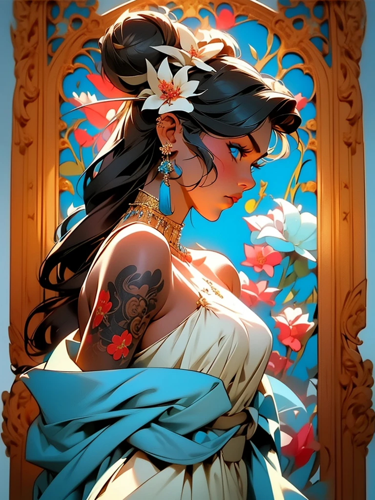 masterpiece best quality,1girl, solo, hair flowers, long hair, blue eyes, looking at viewer, medium breast, tattoo, black hair, tassel, bare shoulders, mecha, bangs, upper body, earrings, indoors, off shoulder, jewelry, eyelashes, lips, profile, hair bun, piercing, single hair bun, flowers,