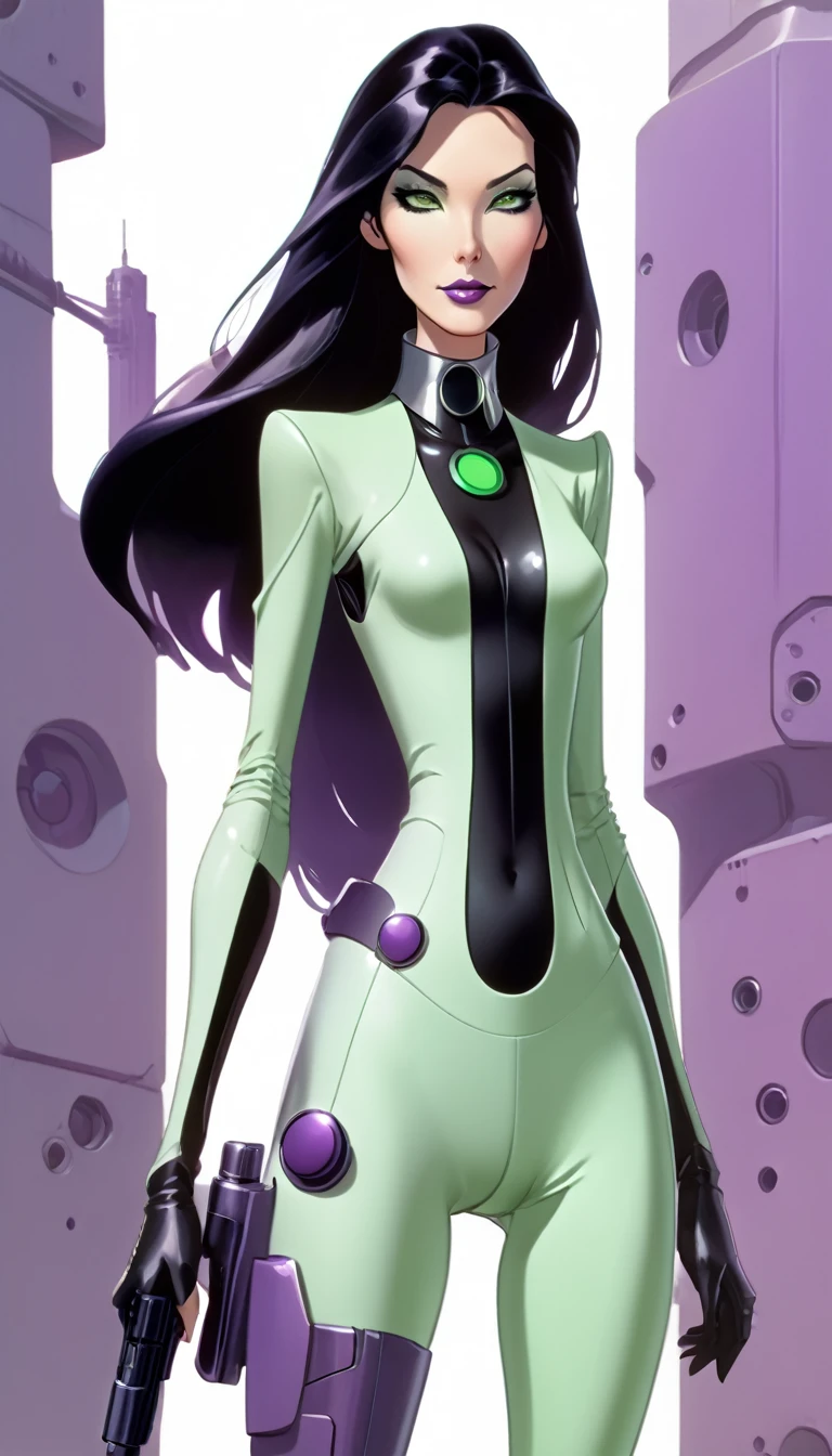 cartoon thin woman, long neck, long black hair, pale green skin, wearing a v-neck collar purple sci-fi body suit .. she is armed with an arm cannon, on her suit by her waist are some small gray circles 