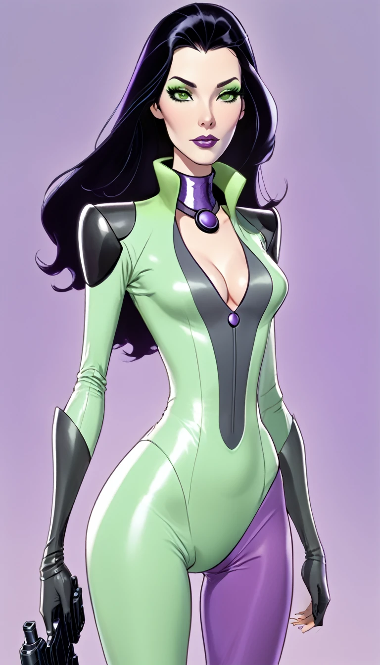 cartoon thin woman, long neck, long black hair, pale green skin, wearing a v-neck collar purple sci-fi body suit .. she is armed with an arm cannon, on her suit by her waist are some small gray circles 