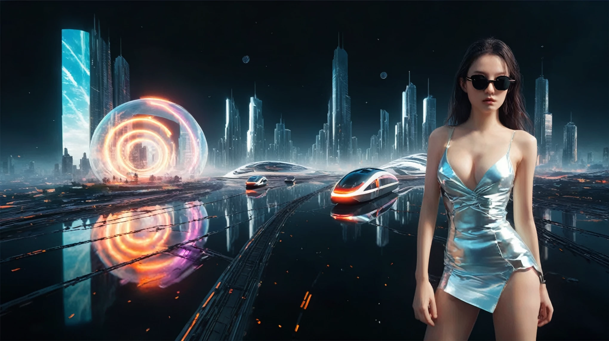 Brightly colored abstract aerial view image of a futuristic railway station with a spiral, a (((futuristic all-glass train))) passing by, epic beautiful space sci-fi, chaotic cinematic space rift, Greg Beeple, planets colliding, Beeple and Tim Hildebrandt, Beeple and Jean Giraud, end of the universe, (((giant abstract sculpture))), galaxy space sci-fi, ringworld, by Mike "Beeple" Winkelmann. Matrix style, (((Matrix cascading code))), (((a futuristic twin tower skyscraper with a unique twisted design))), (((OLED GUI interfaces in the building))), at night, (((((1girl, solo))))), photo realistic, (((((((large-breast:1.4 slim body, cleavage:1.4))))))), (((((off broken mini sling-shirt and black sling bra, extreamly short pleated miniskirt exposing panty))))), (((((running pose))))), (((((((matrix style black micro sunglasses))))))), ((((((((((aiming with a short gun)))))))))), (((((looking at camera))))), (((very low view))), (((((half-body thigh level medium shot))))), (((cinematic lighting))).