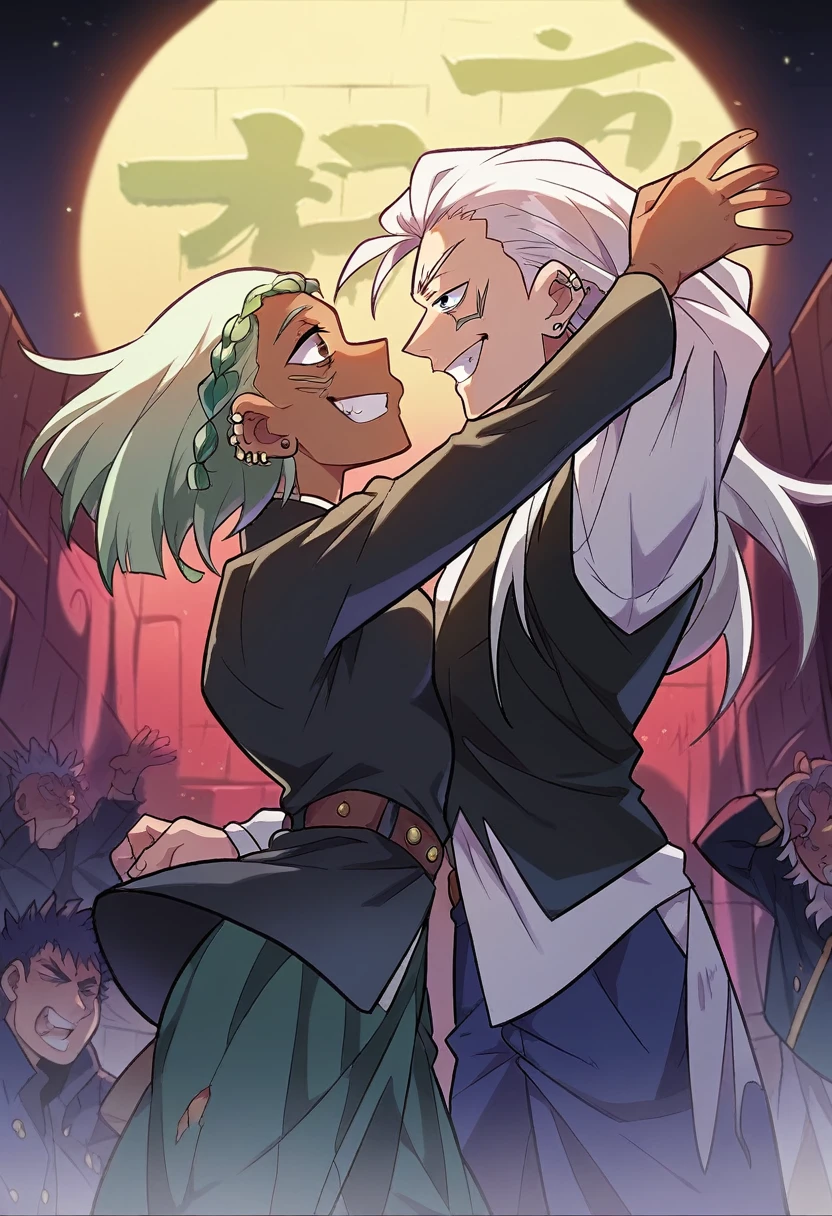 Screenshot,18 year old anime woman,Profile,tanned skin,piercing half-closed black eyes with emerald long white hair with bright green tips,He wears a wide, short black shirt with a green star drawn on it and wide ripped black sleeves with white stripes.,while dancing in an abandoned place with graffiti on the walls at night with a smile next to three men who dance.estilo jujutsu kaisen