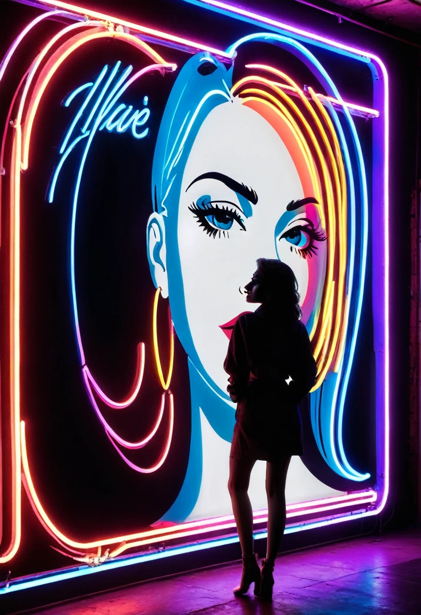 Side face silhouette,Shadow of beautiful woman under neon sign,Huge neon signboard,(Neon sign with text:1.5)