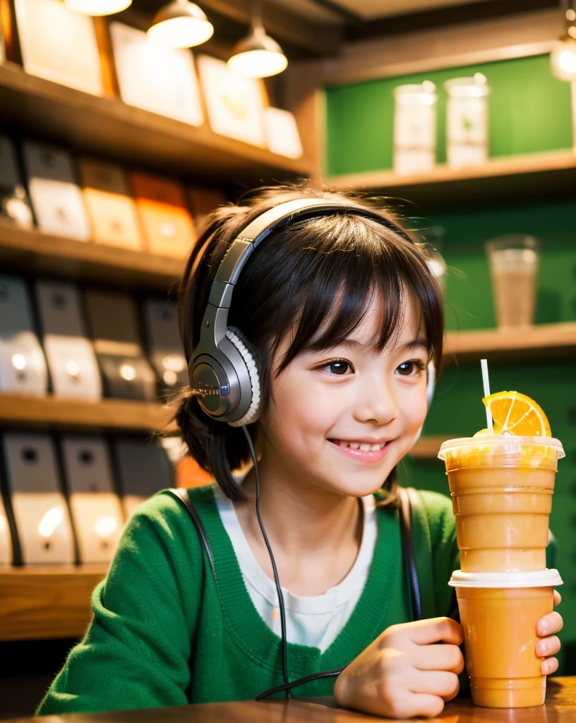 Looking straight ahead and smiling, Ultra HD、128k、Masterpiece、Cute little kindergarten girl studying in a coffee shop while listening to music on headphones、orange juice, clavicle, RAW Photo、Big-eyed girl in emerald green clothing、Hands on headphones, Warm lighting、Beautiful night view、Japanese anime style, Smile