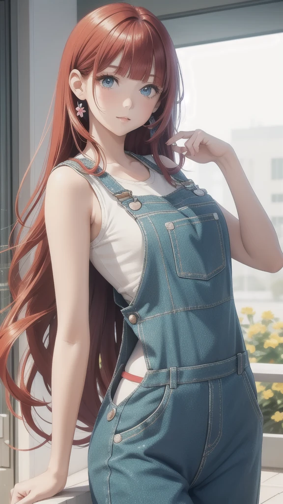 girl wearing a Aqua sundress, tight, simple anime style Woman. Flower drawing on sequin overalls. Glossy white lips with sequins. Blunt bangs, red hair, long hair, blue eyes, solo,
