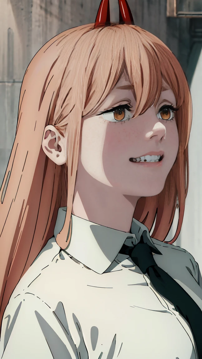 (Best quality), (masterpiece), (only), 1 girl, Maybe_XM, peach hair, yellow eyes, cross-shaped pupils, pupils in the form of symbols, red horns, white button up shirt, black tie, sharp teeth, smile, long hair, whole body
