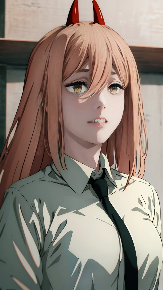 (Best quality), (masterpiece), (only), 1 girl, Maybe_XM, peach hair, yellow eyes, cross-shaped pupils, pupils in the form of symbols, red horns, white button up shirt, black tie, sharp teeth, smile, long hair, whole body