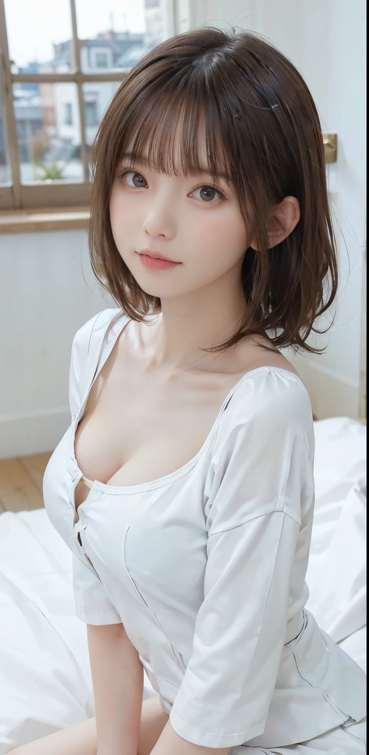masterpiece, One beautiful woman, Detailed eyes, Puffy eyes, Highest quality, Hyper HD, (Real: 1.4), RAW Photos, One girl, Cinematic Lighting, jpn, Super beautiful, Beautiful Skin, slim, Front facing body, (Ultra-photorealism), (High resolution), (8K), (Very detailed), (Best Illustration), (Beautiful and delicate eyes), (Super detailed), Detailed face, Look at the viewer, Staring straight ahead, Neat white clothes, No sleeve, Short and detailed hair, Brunette color hair, 46-point oblique bangs, The room has a white background tone., Lying in bed, View from above, A neat atmosphere, Exposing her breasts, Beautiful clavicle