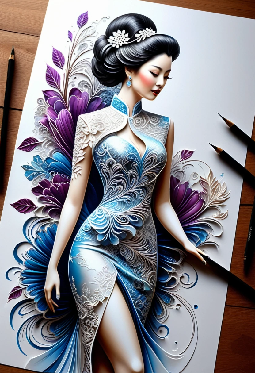 Sur une feuille de papier, Dessiner une figurine 4D de style encre uhd époustouflante et à couper le souffle, portant une sublime Cheongsam dress très détaillé en dentelle fractal, effet holographique qui semble sortir de la feuille de dessin, dessin extrêmement détaillé, hyperréaliste, Des détails sublimes. Un travail vraiment remarquable, travail joyeux et sensuel, (sublime poitrine effet push-up qui semble sortir de la feuille de dessin, effet 3d époustouflant), ((proportions parfaites, masterpiece, hyperRéaliste, masterpiece, superior quality, high resolution, Extremely detailed, highly detailed 8K wallpaper, détails fractales))