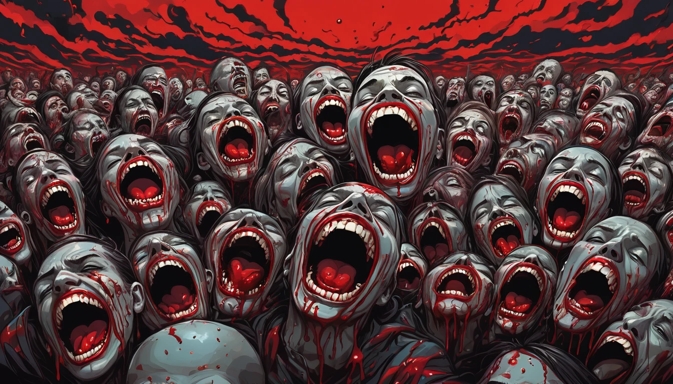a world made of nightmares where the sky is covered in screaming faces and the ground is full of human teeth and blood art style is surreal